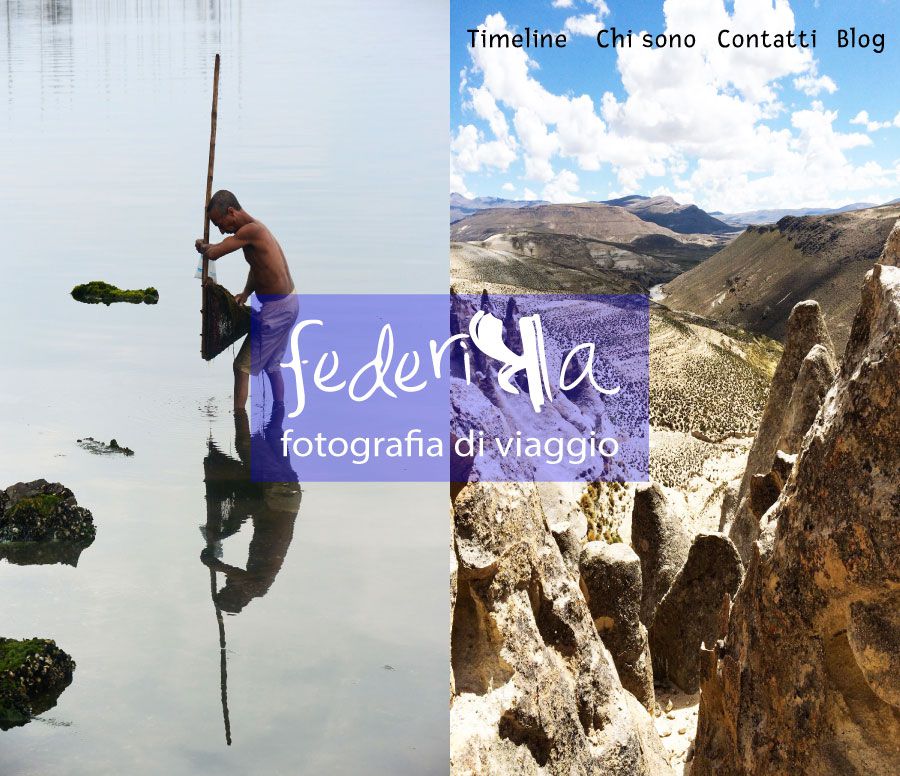 plebdesign web designer freelance: federika fotografia di viaggio landing page mockup. Una immagine composta da due foto della stessa dimensione. A sinistra, un uomo pesca immerso fino alle ginocchia nell'acqua di un fiume. A destra, un paesaggio ondulato e arido sotto un cielo assolato e punteggiato di nuvole bianche. In mezzo alle due foto il testo, federika fotografia di viaggio